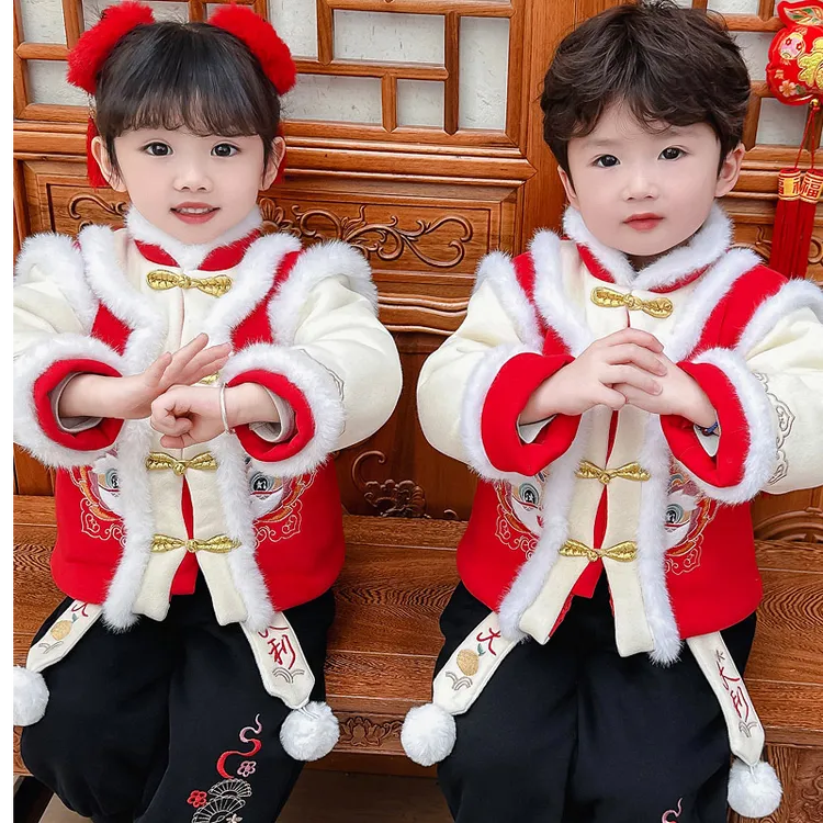 儿童拜年服两件套新款加棉加绒洋气套装那会男孩女孩帅气可爱秋冬