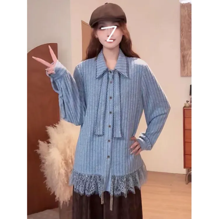 洋气叠穿设计感领带蕾丝拼接长袖衬衫女秋季内搭显瘦百搭小众上衣