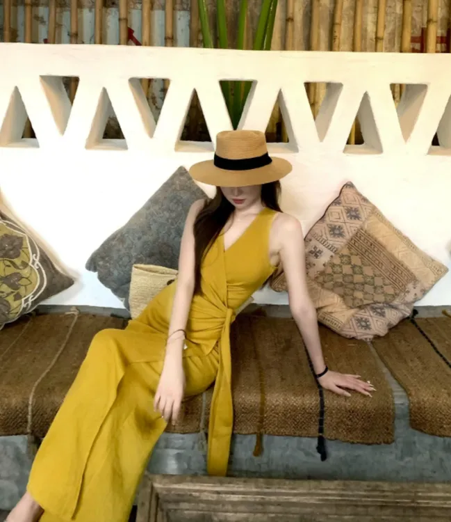 【心愿如樱】夏季新款韩系气质时尚V领系带无袖连衣裙3217#