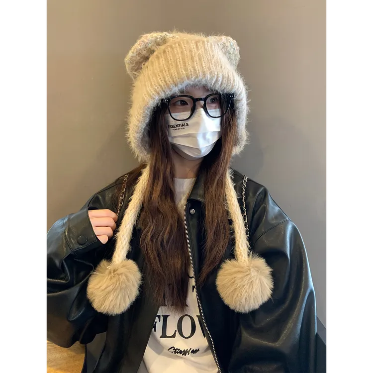 新款秋冬季日系可爱软萌耳朵毛绒帽子女保暖混色针织毛线套头帽潮