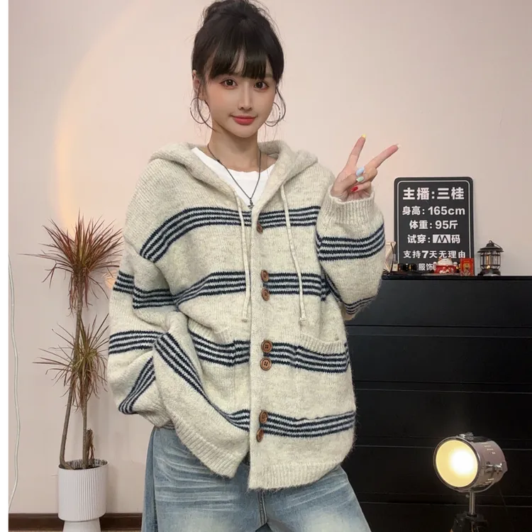 INS风条纹连帽女中长款毛针织衫加厚秋冬灰色海妖风上衣毛衣外套