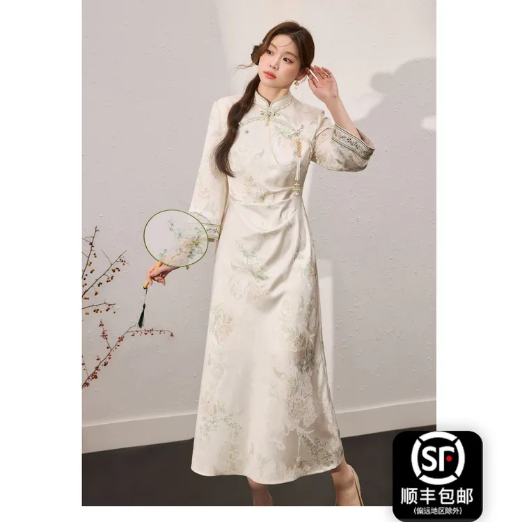 蓝语大码女装【锦花映婉】新中式印花改良显瘦旗袍连衣裙2025秋季