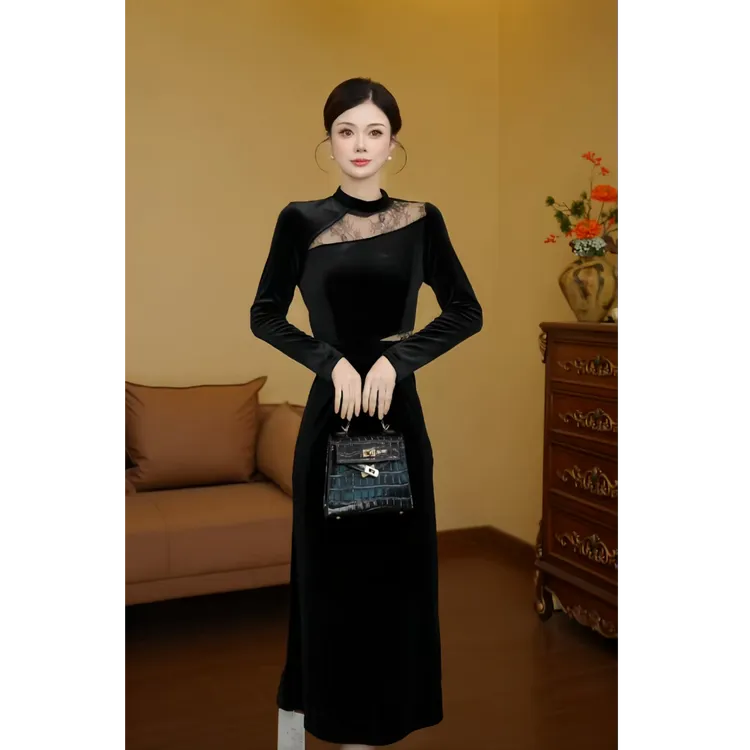 【利姐专属】显瘦千金风韩版连衣裙秋冬名媛礼服秋冬D4505