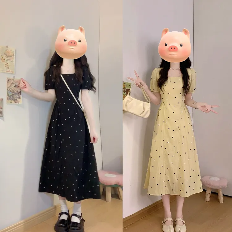 大码夏季新款方领小爱心短袖收腰显瘦气质连衣裙洋气简约小裙子