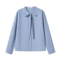 羊城故事-蓝色蝴蝶结绑带条纹长袖衬衫女小众宽松衬衣Y50954102
