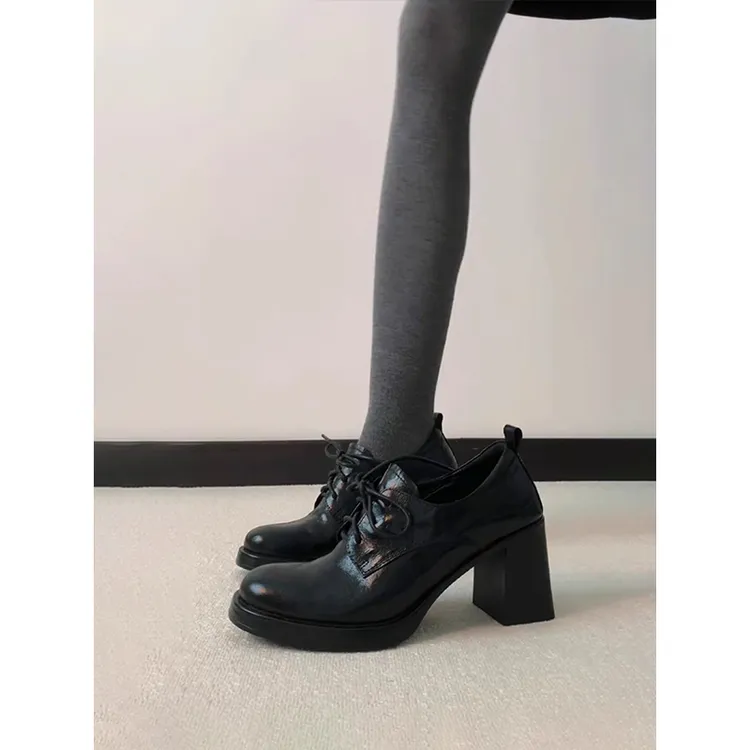 牛皮版~复古气质高跟小皮鞋圆头通勤粗跟单鞋女系带小个子乐福鞋