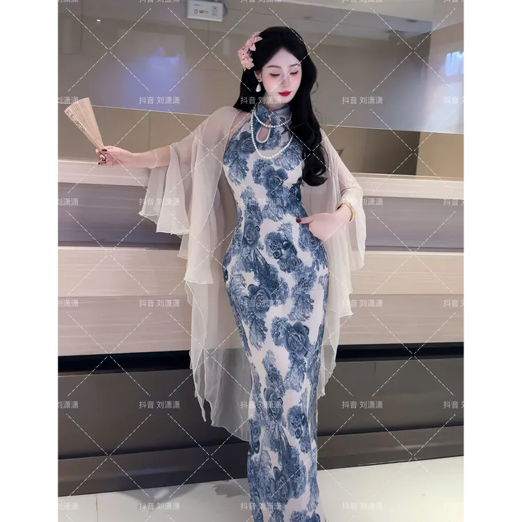 绝版轻仓【玉骨青瓷】潇夫人自制新中式国风青花瓷旗袍修身连衣裙