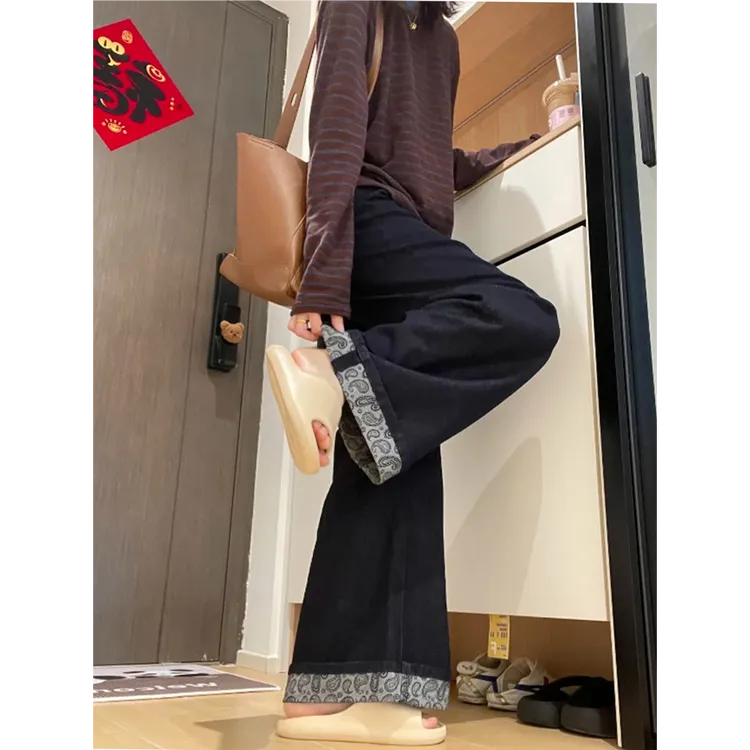 深蓝色卷边阔腿牛仔裤女秋季新款大码女装胖妹妹mm宽松显瘦直筒裤
