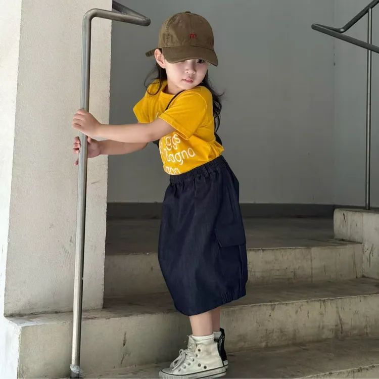 小思家女童2025夏季韩版百搭休闲风字母印花上衣工装半身裙套装