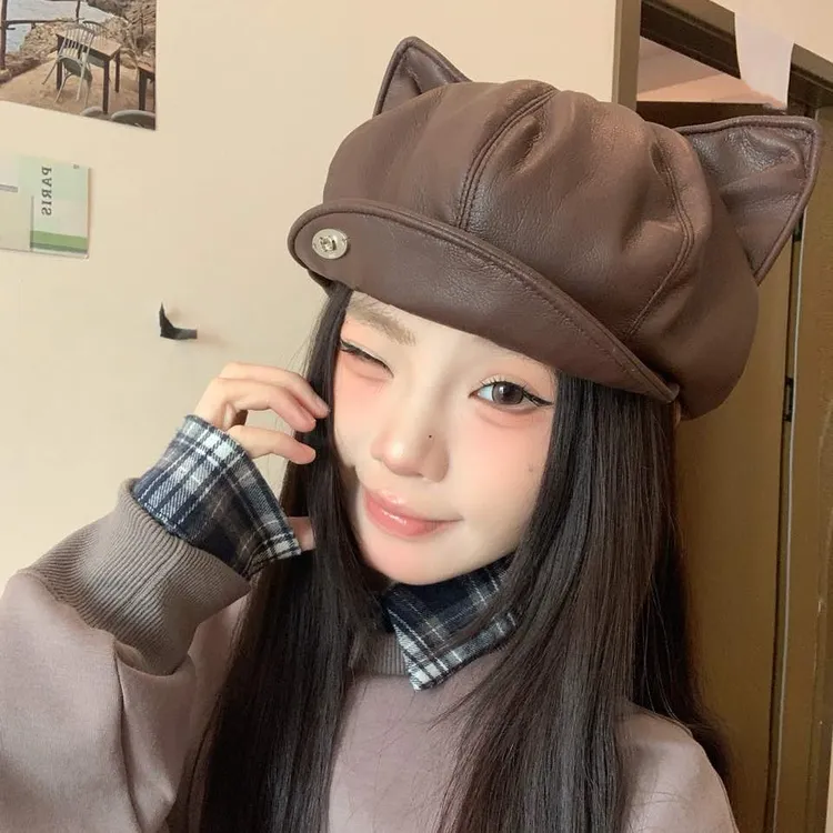 大头星球pu皮贝雷帽女款可爱猫耳朵报童帽显脸小一帽两戴