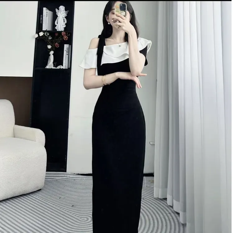 2025法式连衣裙女夏修身气质高级感荷叶边巨好看的包臀长裙子