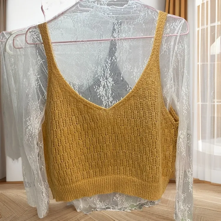 青春流行网红吊带镂空蕾丝毛织背心毛茸茸舒适女装美背打底内搭