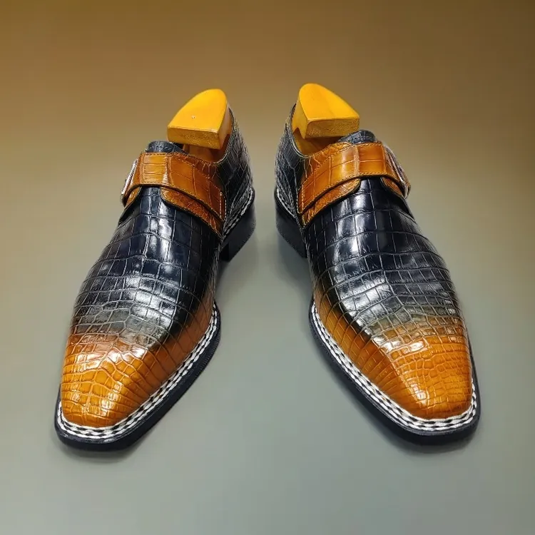 擦色乌木渐变棕纯手工挪威缝尼罗鳄鱼皮男士时尚方头孟克鞋乐福鞋