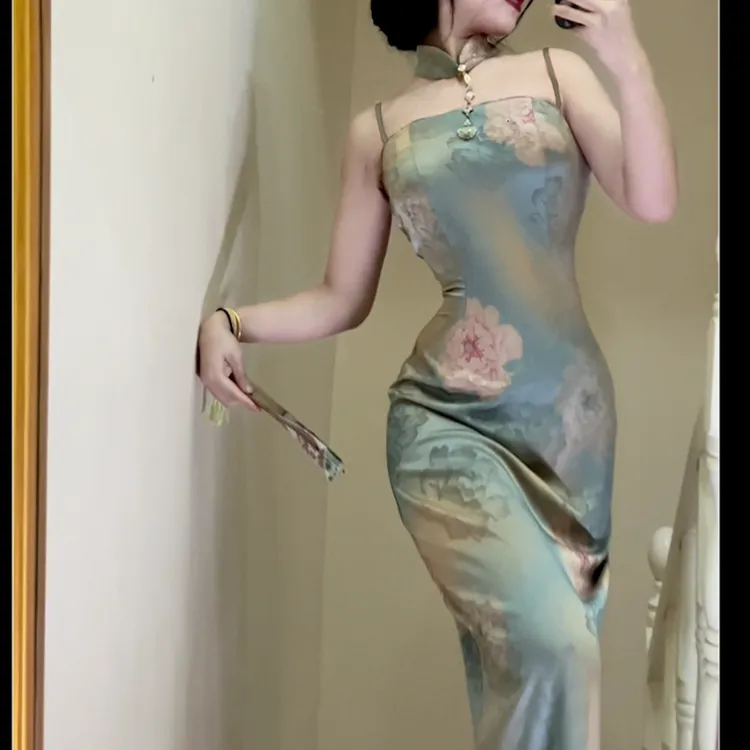 LHMknk1画报夫人原创自制新中式重磅提花缎面连衣裙清瑶吟吊带