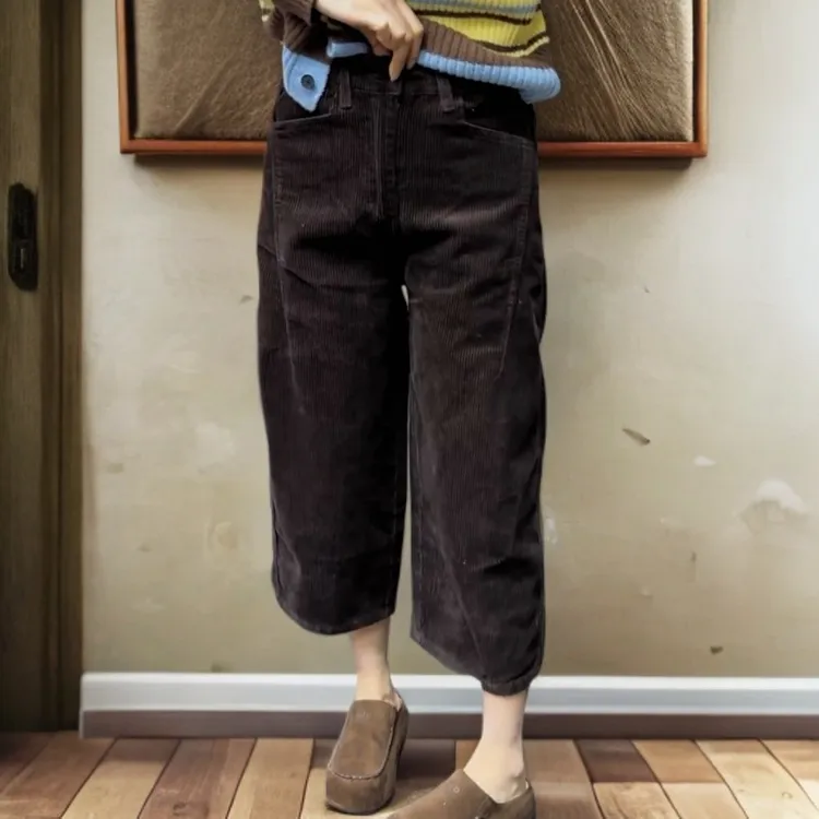 不加绒九分条绒奶奶裤女秋季新款松紧腰高腰阔腿裤时尚百搭休闲裤