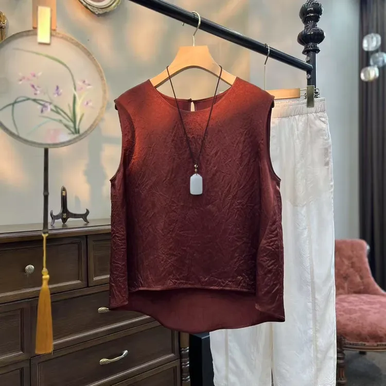 红色背心无袖亚麻衬衫女夏季2025新款巨好看的小衫法式短款上衣女