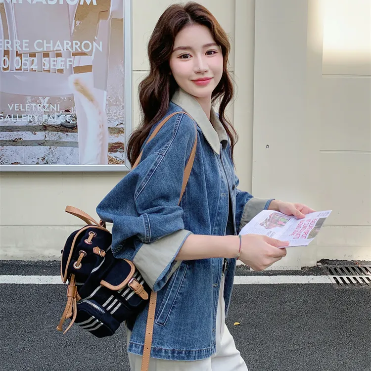 休闲撞色翻领牛仔外套女春秋2025新款小个子夹克上衣巨好看松弛感