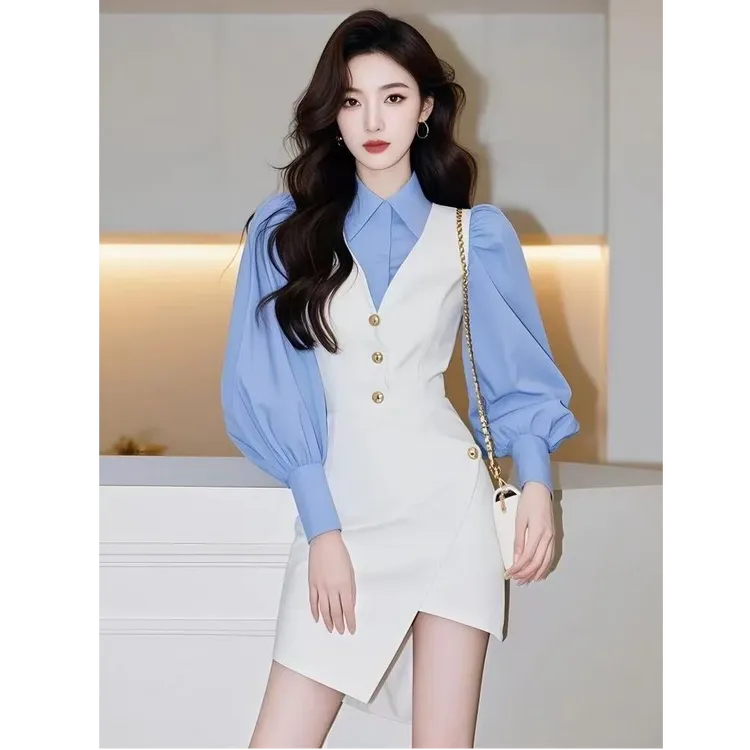 开春穿搭一整套法式小香风韩系温柔风蓝色衬衫连衣裙马甲外搭套装