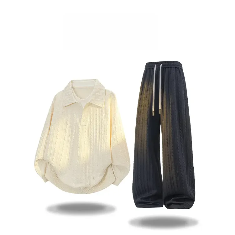 CH春秋提花休闲卫衣两件套男士宽松百搭假两件大码套装高级感男装