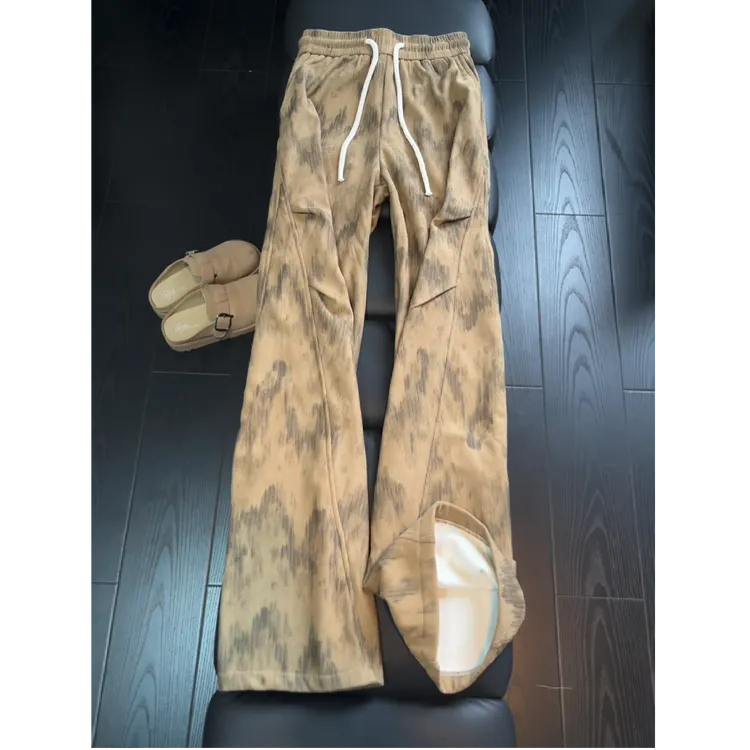 美式打褶扎染灯芯绒休闲裤男秋冬加绒保暖垂感裤子复古斜切直筒裤