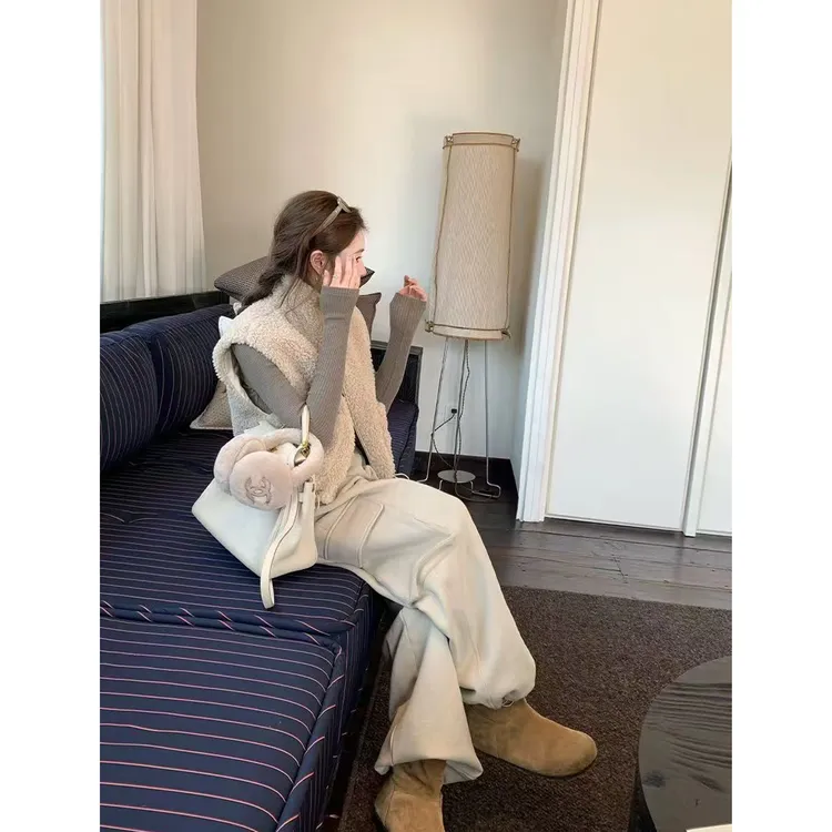 羊羔立领马甲/圆领弹力打底衫套装+加绒口袋束脚工装裤Q 9591#