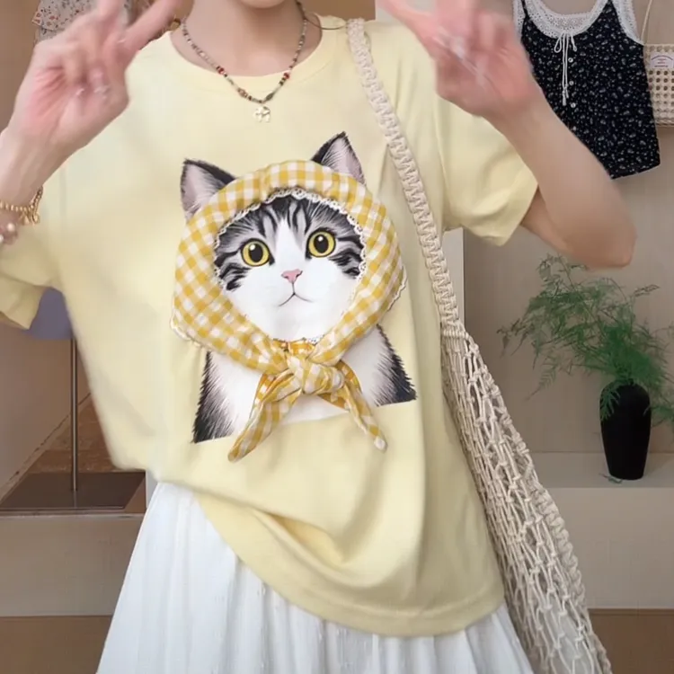 韩系创意立体装饰设计感小猫图案短袖T恤女2025夏款圆领可爱上衣