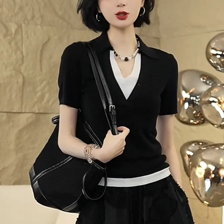 2025夏季新款POLO翻领假两件修身显瘦气质百搭休闲衫V领针织上衣