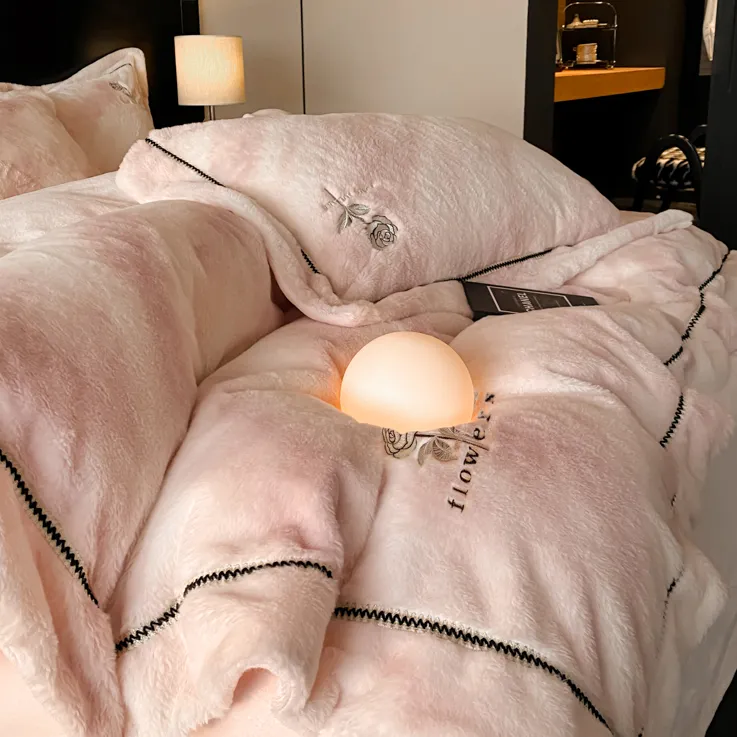 巢尔【彩玫瑰】仿兔毛绒四件套加厚毛绒被套冬季防寒保暖牛奶绒床单