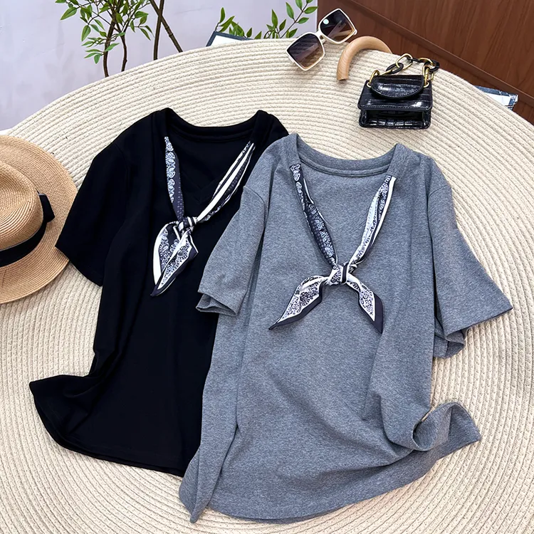 必魅吸汗V领短袖轻职风常规款拼接T恤休闲2025夏装韩版国风32168