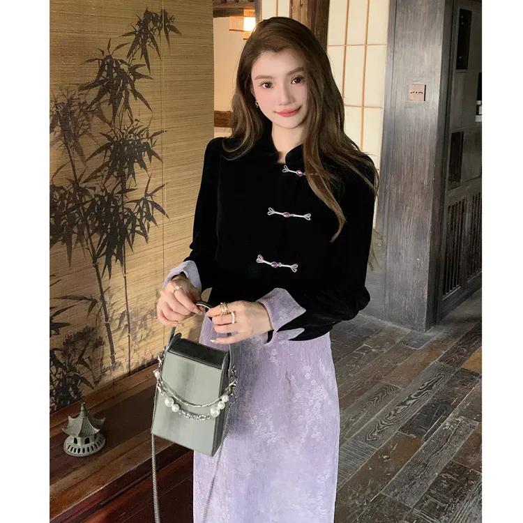 2025新中式旗袍套装女冬富家千金国风加棉上衣加紫色半身裙两件套