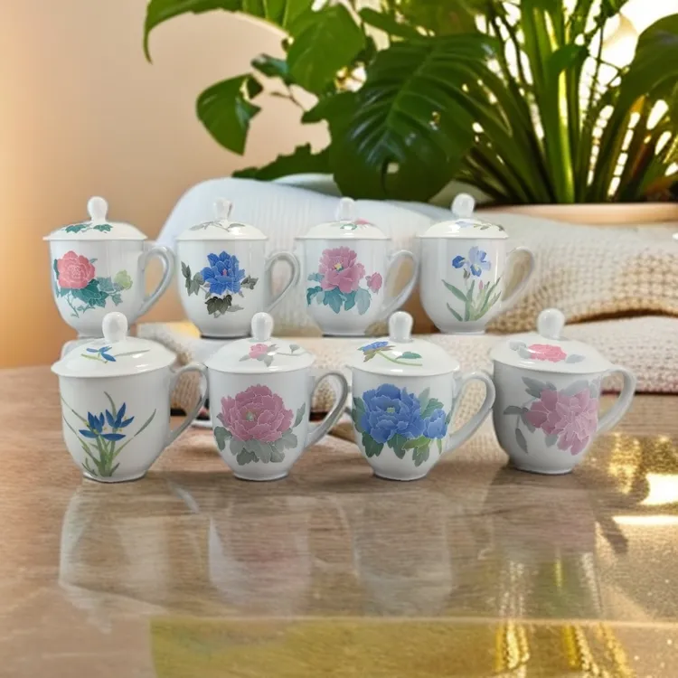 手绘釉下彩大容量茶杯茶具醴陵陶瓷办公杯带盖家用白瓷泡茶杯大号