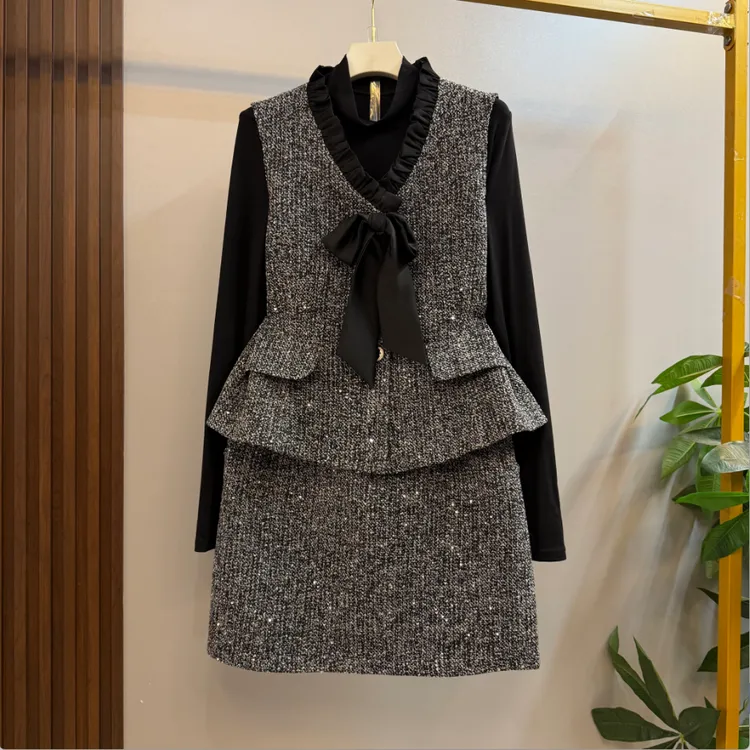 新款大码女装时尚气质轻熟领带结设计小香风马甲十短裙三件套套装