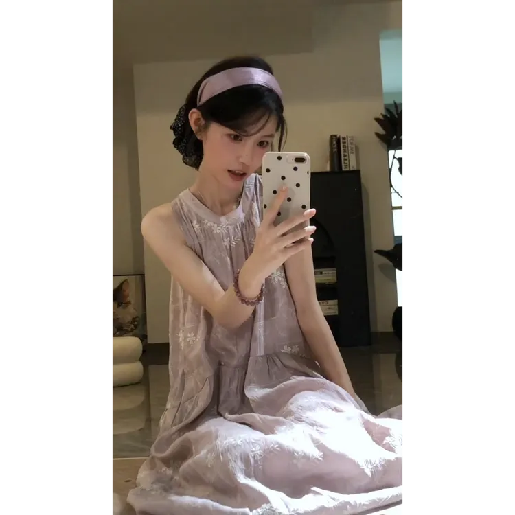 MARIE.COCO新中式复古风刺绣印花无袖连衣裙夏季新款休闲中长裙潮