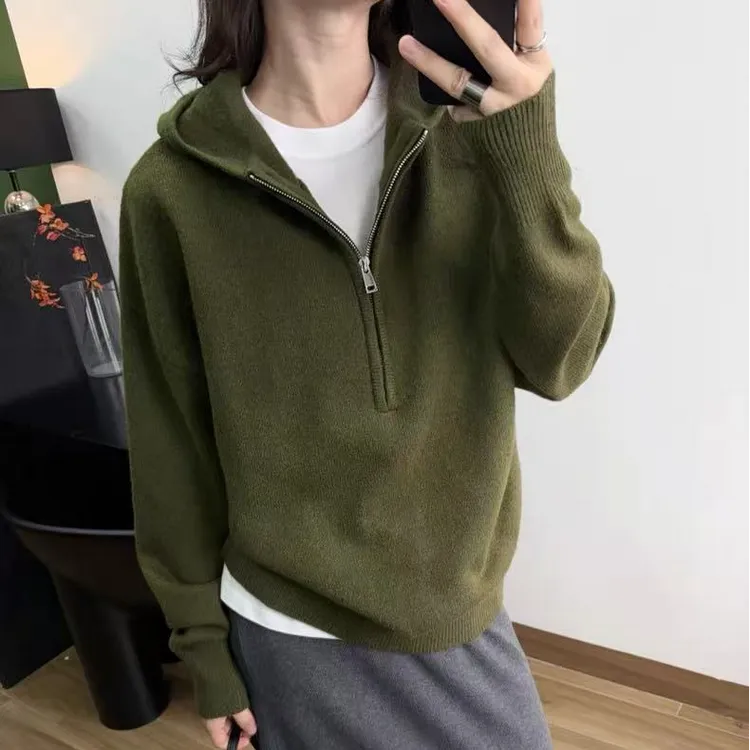 甄选女士半拉链连帽毛衣宽松休闲百搭针织羊毛帽衫简约保暖打底衫