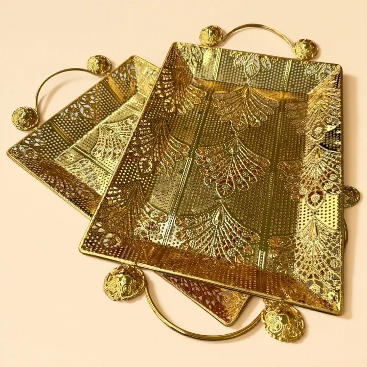 新疆包邮【一对镂空托盘】 爆款金色托盘家用托盘两个镂空镀金