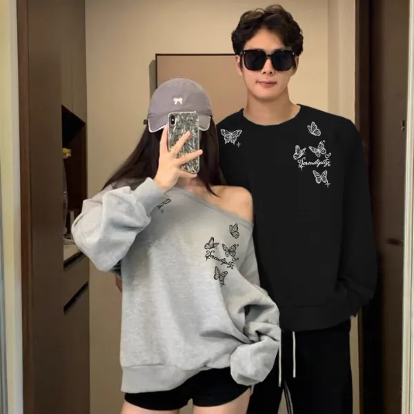 情侣装卫衣秋冬季新款一男一女斜肩纯棉卫衣宽松韩版潮流情侣卫衣