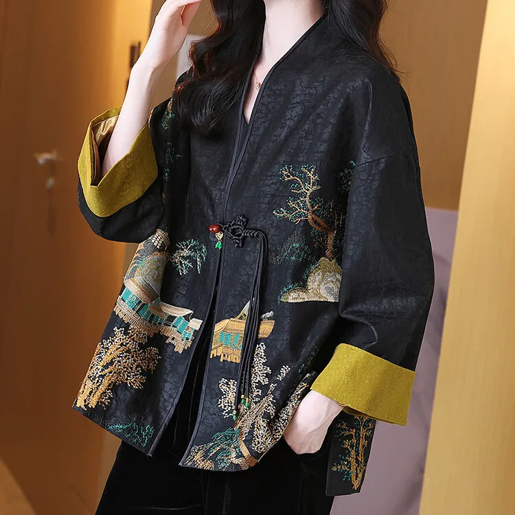 重工刺绣重磅香云纱真丝开衫外套上衣女阔太太高贵气质宽松桑蚕丝