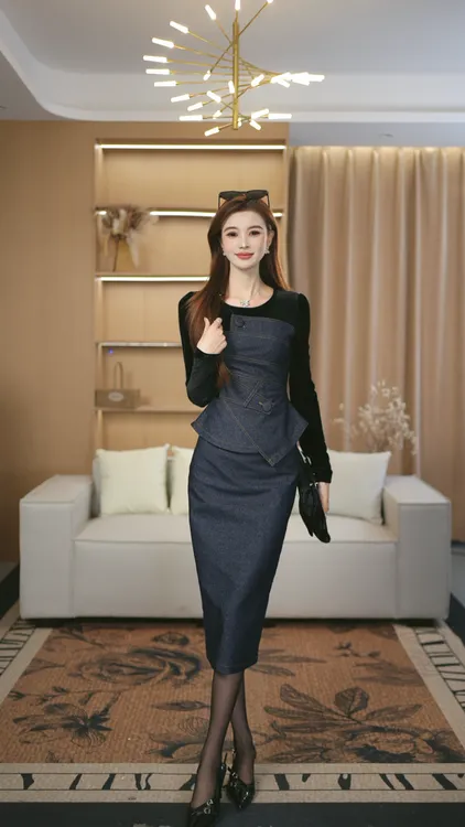 罗曼定制 高定原创气质长袖收腰秋季时尚拼接牛仔上衣+半身裙套装