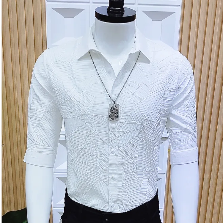 2025夏季新款男士中袖衬衫时尚气质百搭男款翻领免烫衬衣修身显瘦