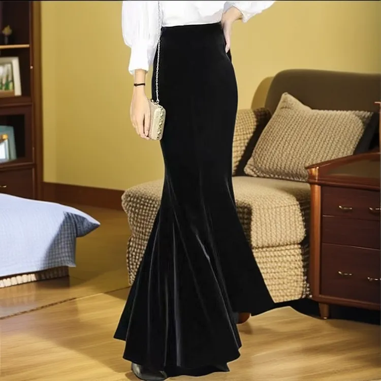 金丝绒秋冬加绒中长款鱼尾裙黑色显瘦气质高腰包臀半身裙优雅