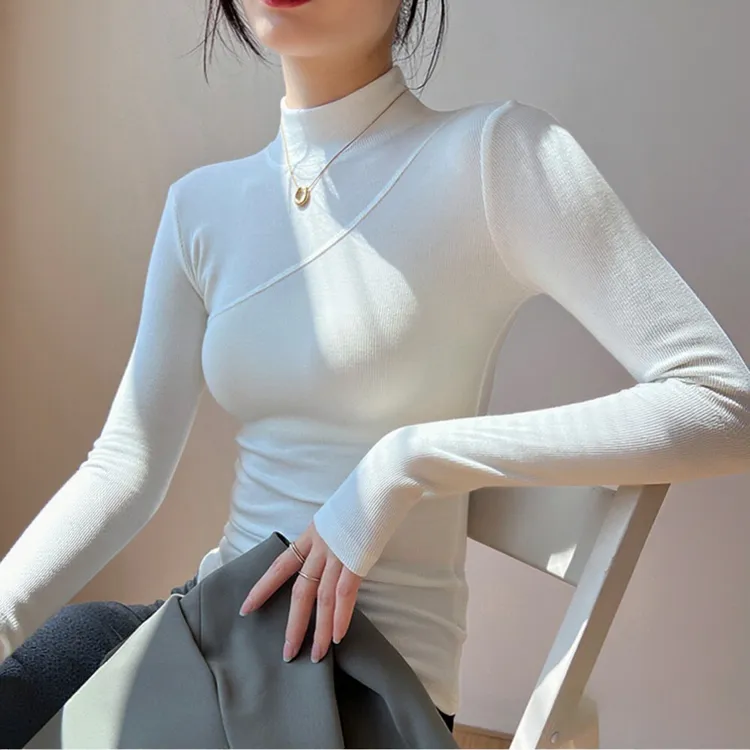 白色半高领中领针织打底衫女秋冬季洋气紧身显瘦内搭长袖毛衣上衣