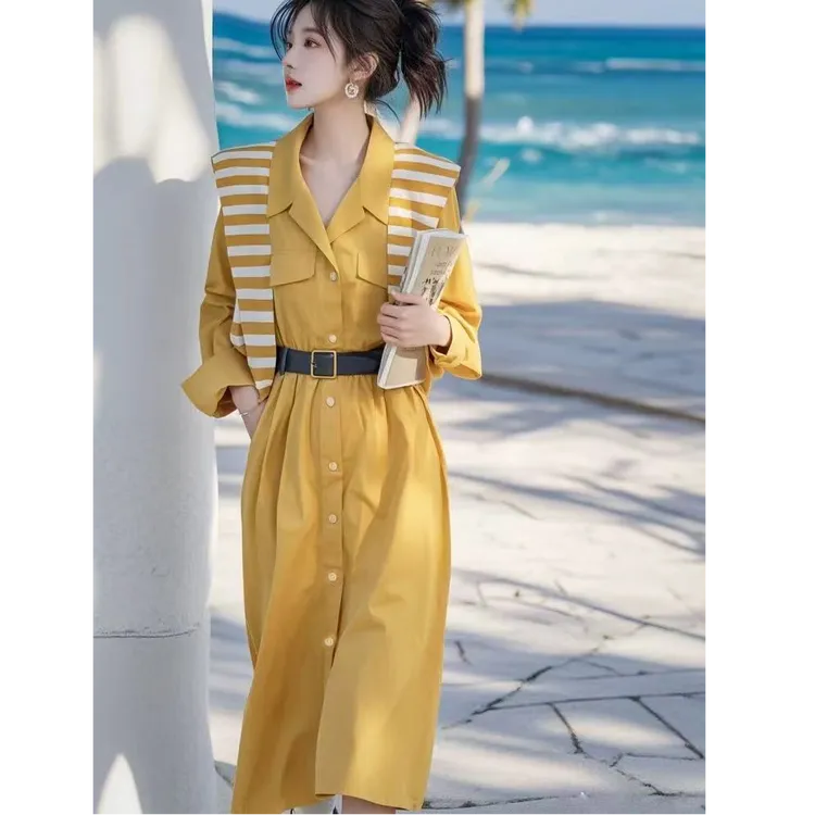 春装连衣裙2025新款时尚休闲宽松遮肚衬衫长裙春秋款气质裙子