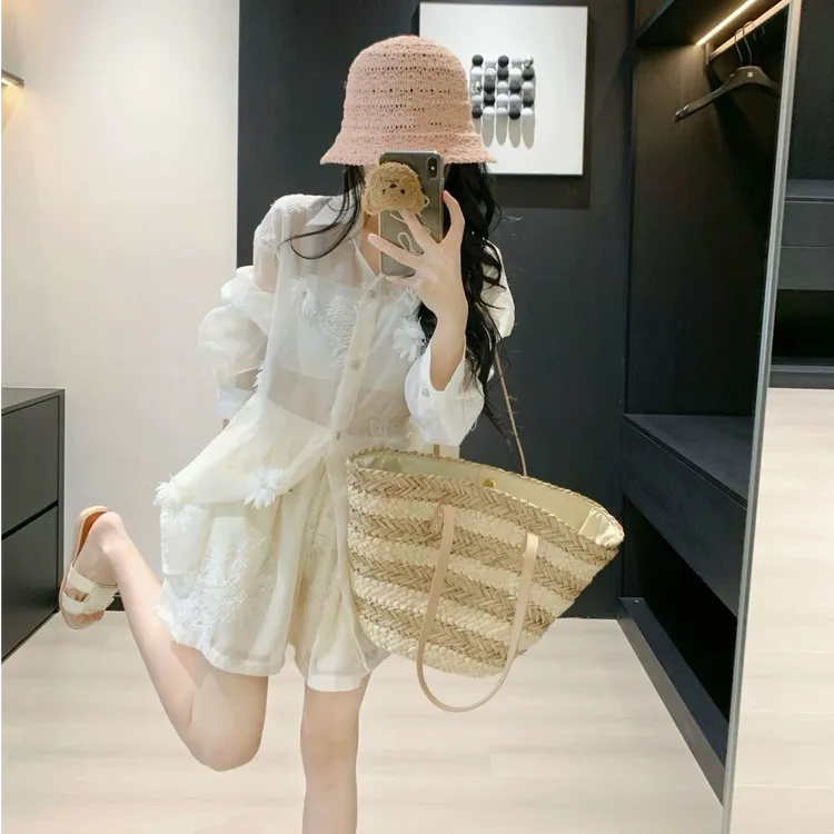 开春穿搭一整套黄色高级感小香风提花刺绣衬衫小个子短裤两件套装