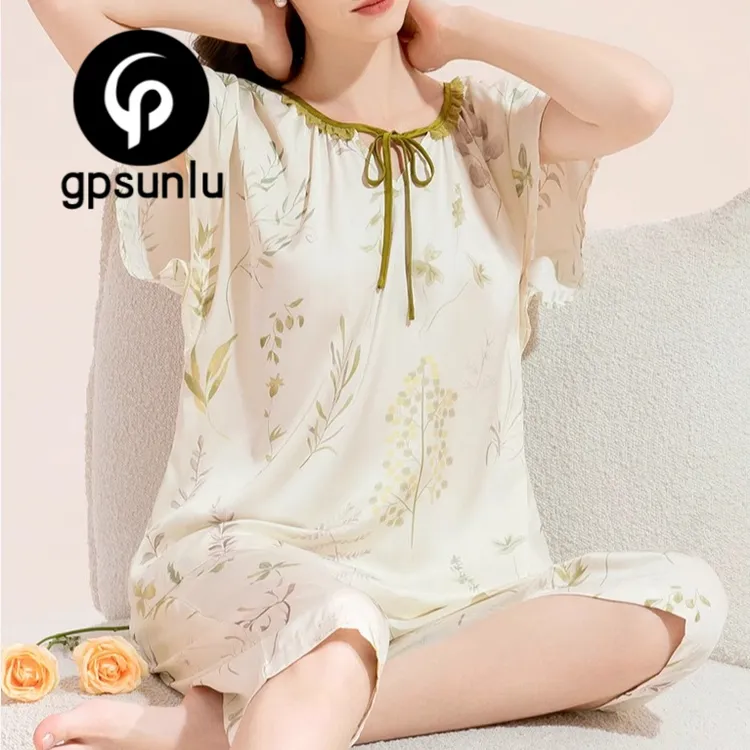 【专柜正品】新中式夏季睡衣女款冰丝印花圆领短袖七分裤家居服套装