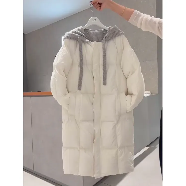 韩版针织连帽加厚保暖中长款棉服女冬季新款简约时尚宽松棉衣外套