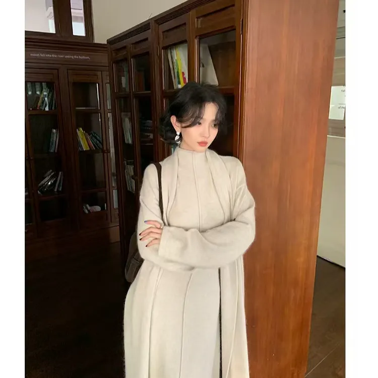 港风复古法式修身高领针织连衣裙长款开衫两件套女秋冬毛衣套装