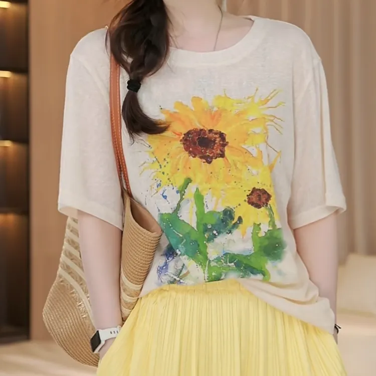 时尚设计师卡通百搭休闲短袖圆领T恤女2025夏季新款宽松短袖上衣