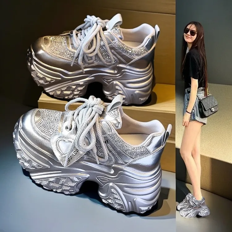 爆款超火百搭新款女真皮休闲运动鞋老爹鞋春季厚底2025内增高银色