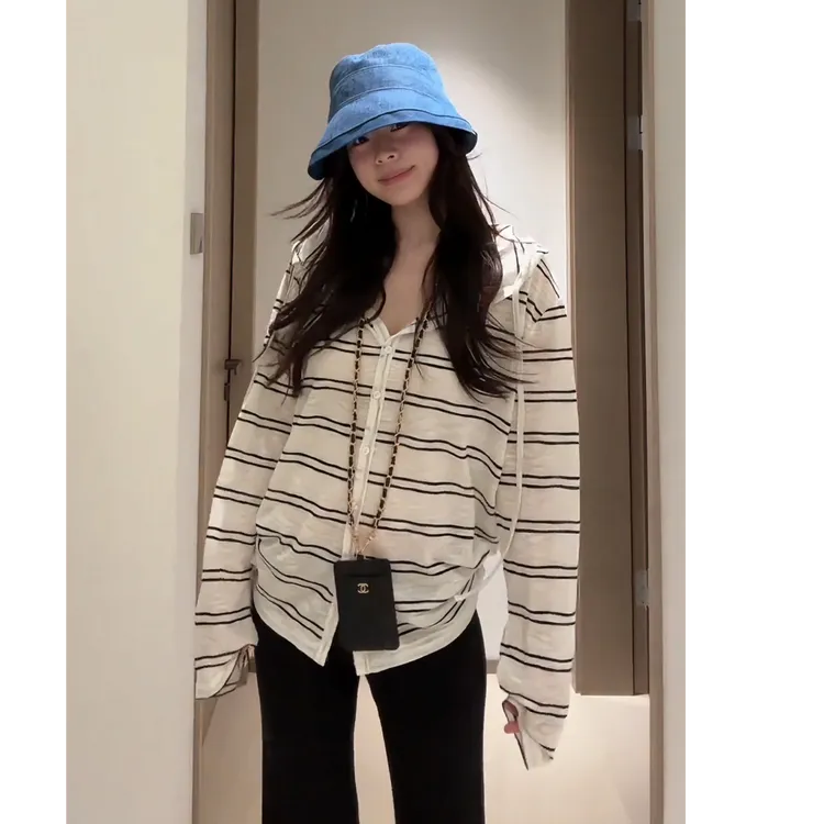 大码胖mm冷感长袖连帽条纹开衫T恤女秋季韩系慵懒薄款防晒衣上衣