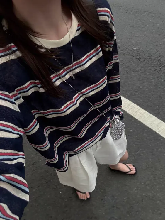 韩版复古条纹圆领长袖衫女宽松半透视防晒衫上衣夏季新款减龄
